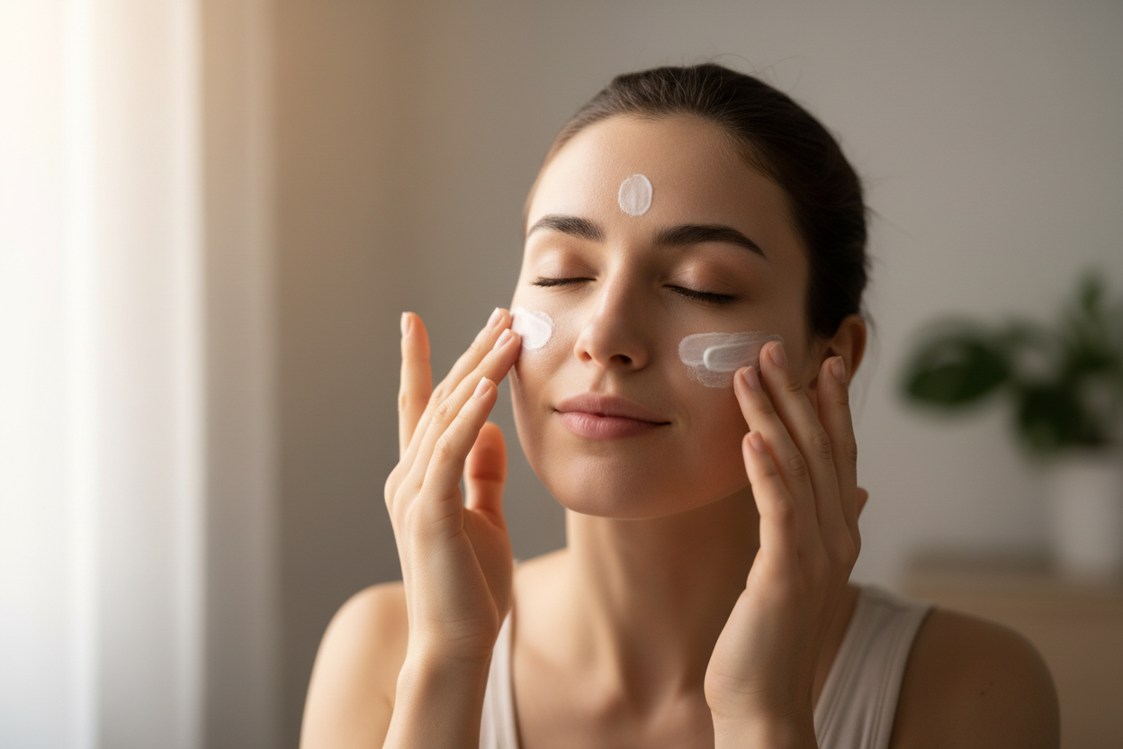 Applying moisturizer to face